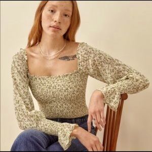 Reformation Heaven Ivy Smocked Bodice Floral Green Puff Sleeve Blouse XS